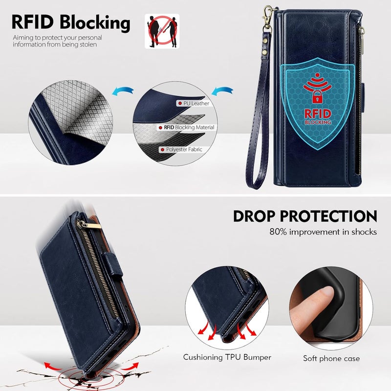 Antsturdy Compatible with iPhone 16 Pro Max Wallet Case,RFID Blocking PU Leather Phone Case Women Men Kickstand flip Cover Wrist Strap Zipper Credit Card Holder Slots for Apple 16 ProMax,Dark Blue - Image 5